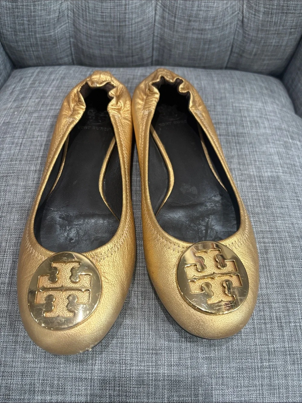 Tory Burch Metallic Gold Leather Logo Ballet Flats